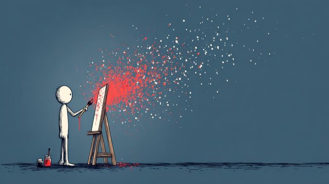 Immersed in painting, a stick figure uses brush and canvas to soothe the mind, unlocking creativity as a path to stress relief.
