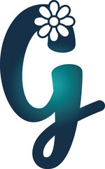 Stylized blue letter G with flower on white background