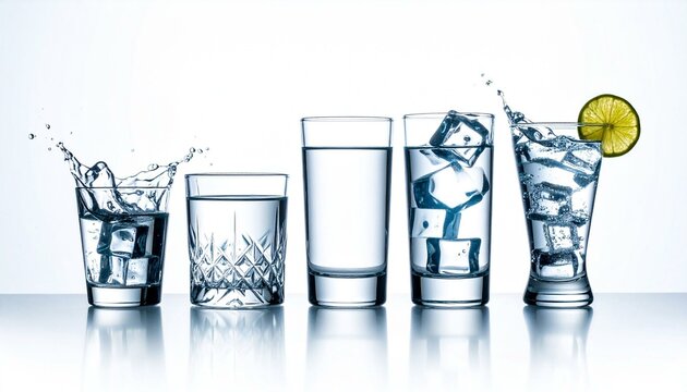 A row of five glasses filled with water and ice, in varying amounts, against a white backdrop, showcasing a range from simple hydration to a refreshing beverage with a lime