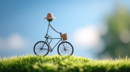 Fototapeta premium A stick figure rides a bicycle outdoors, embracing the thrill of adventure, the joy of exercise, and the freedom of open roads. 
