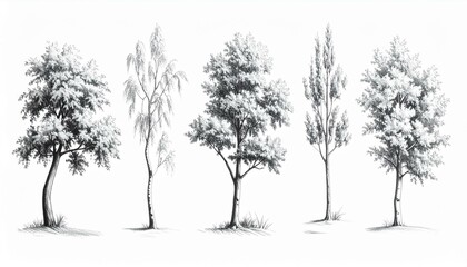 Fototapeta premium The image showcases a monochrome pencil drawing of five distinct trees, from oak to birch, all rendered with delicate shading and detailed textures in a stark white