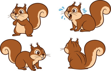 Cute cartoon squirrel character in different poses, happy and surprised animal expressions, funny woodland rodent drawing, flat vector illustration for kids, forest wildlife mascot