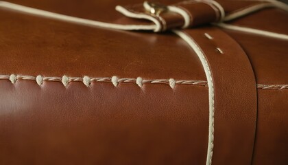 A closeup of a quilted brown leather texture with a diamond pattern and contrasting stitching
