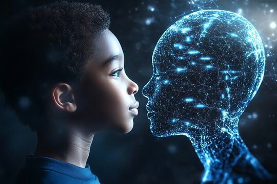 A young boy faces a digital representation of a human head with wonder