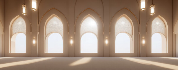 Spacious interior of modern mosque featuring large arched windows that allow natural light to flood room, creating serene and peaceful atmosphere. design emphasizes simplicity and elegance