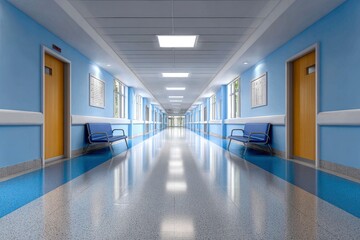 Obraz premium Long hospital hallway with blue walls chairs doors and windows