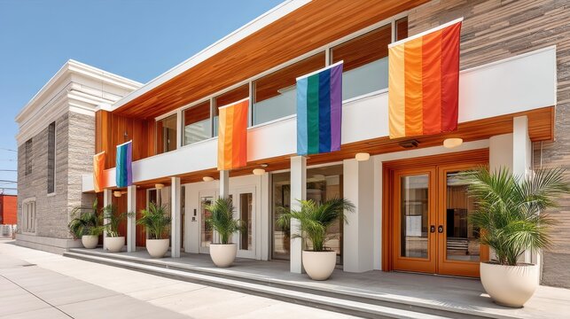 Modern building exterior with pride flags and vibrant architectural design - Powered by Adobe