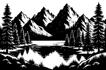A powerful silhouette of a majestic mountain range, rendered in stark black vector design