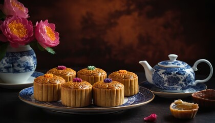 Mid-Autumn Festival Mooncakes and Tea in a Chinese Setting
