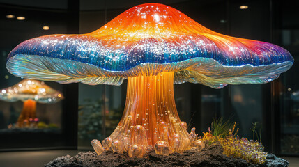 Giant, vibrant mushroom sculpture.  Glass,  glowing,  colors.  Botanical art,  fantasy