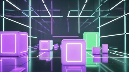 Performing smooth forward dolly camera showcasing neon cubes and green prism on grid-lined floor - Powered by Adobe