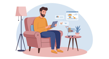 A man sits in an armchair, using a tablet to shop online, surrounded by digital product images and a shopping cart.