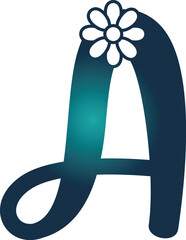 Stylized blue letter A with flower on white background