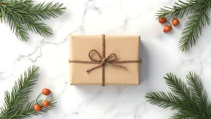 Beige Gift Box Tied with Brown Twine Christmas Spruce Branches Orange Berries Marble Background
