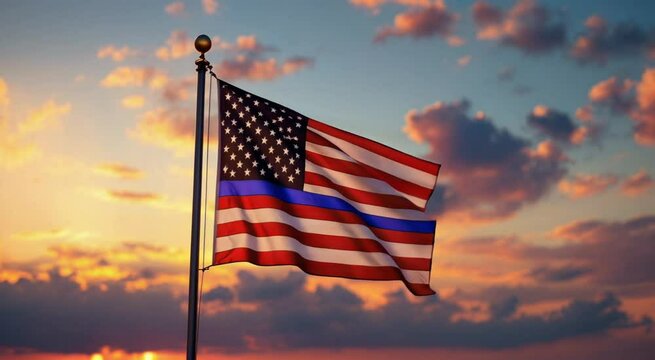 The thin blue line american flag waving at sunset showing patriotism