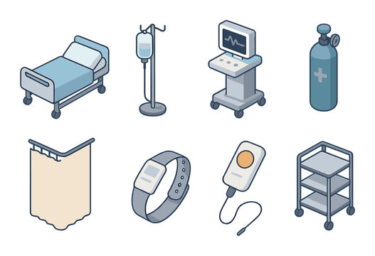 Hospital equipment icons set – 3d, medical tools and healthcare symbols