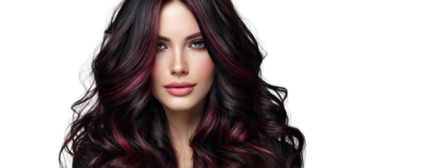 Isolated Cherry Cola Volume Look, Romantic voluminous black hair with cherry cola highlights, cherry cola highlights hairstyle on white without model, cherry cola highlights in bold high contrast hair