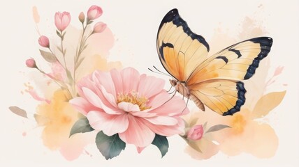 Illustration of a delicate yellow butterfly rests on a pink flower in a watercolor illustration