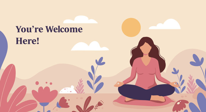 Welcoming meditation illustration for wellness retreats, mindfulness spaces, and community events 