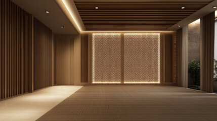 Fototapeta premium Modern interior design features warm wood tones and integrated lighting, creating serene atmosphere. textured wall adds depth and elegance, enhancing overall aesthetic appeal