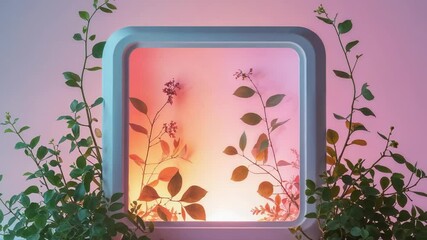 Zooming camera revealing frosted square lamp shifting warm light on white tabletop with branches - Powered by Adobe