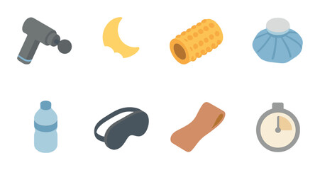 Recovery essentials icons set – silhouette, healing and wellness toolkit symbols