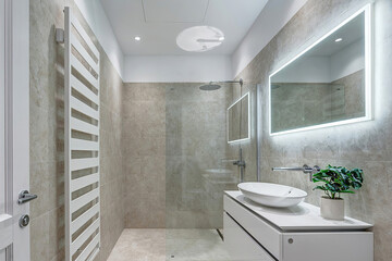 Modern bathroom interior in minimal scandinavian style, 3d render