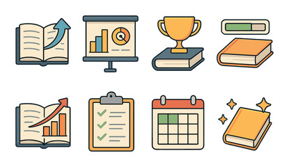 Study progress icons set – outline, learning and education tracking symbols