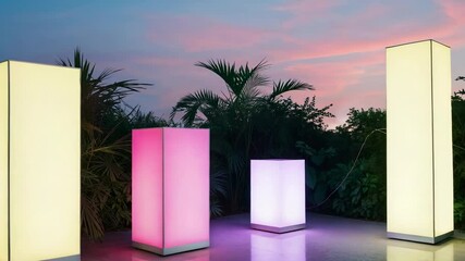 Cycling four LED columns pulsing pastel hues on wet deck near tropical foliage, with dusk arriving - Powered by Adobe
