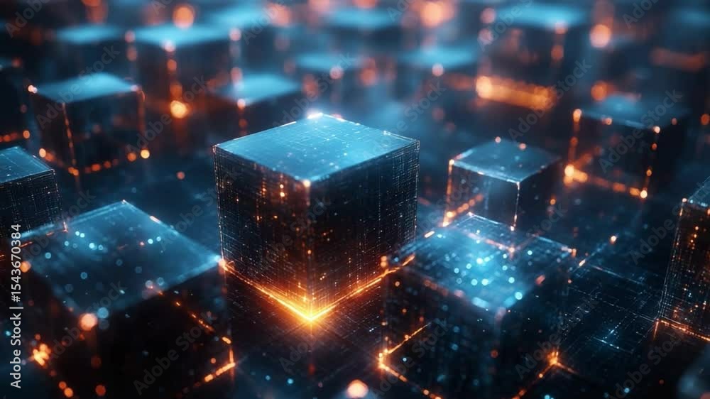 Aufkleber Digital Cubes: Futuristic cubes with an intricate grid-like network, glowing brightly with electric and blue light, creating a visual representation of data and technology.