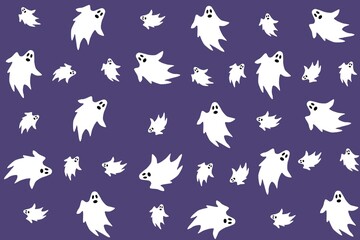 A seamless pattern of white ghosts on a purple background, perfect for Halloween fabrics, wallpapers, or spooky party decorations.