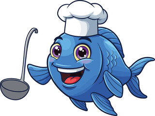 Funny cartoon blue fish chef character, smiling aquatic cook with ladle, seafood-themed illustration, ocean character design, playful cooking mascot for food or restaurant