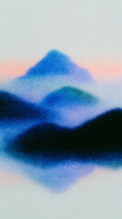 Ink painting showcasing a serene mountain landscape at dusk with soft hues and misty depths
