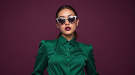 Stylish woman wearing sunglasses, green blouse, confident expression, fashion photography, studio background, modern aesthetic