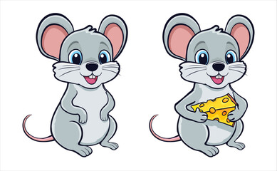 set of mice with large ears and big eyes, gray fur, smiling, one holding a piece of yellow cheese with holes .