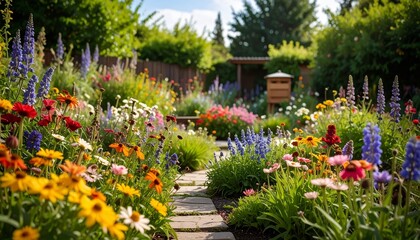 Obraz premium Bee-friendly garden design, colorful variety of flowers