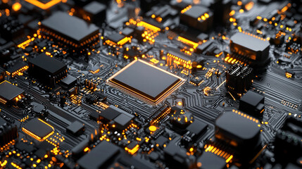 A futuristic circuit board with glowing orange and black components.