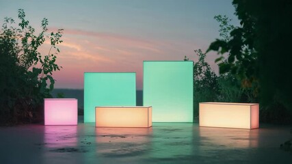 Opening shot five illuminated panels emitting soft glow on platform at dusk, with swaying shrubs - Powered by Adobe