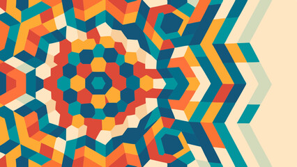 Abstract geometric pattern with colorful hexagons and angular shapes creating a kaleidoscope effect design