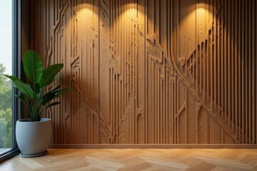 Modern geometric wooden wall design, clean lines , natural, wooden