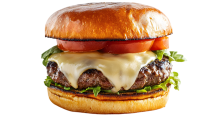 Close up of a cheeseburger with tomato and lettuce on black background on transparent background png