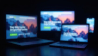Blurred image of multiple device screens with notifications, dark background, screens, control, digital