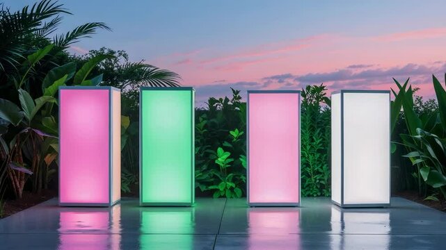 Starting four LED light columns cycling pink, red, green hues on glossy patio with hedge backdrop