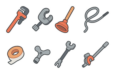 Plumbing tools icons set – flat, household and maintenance equipment symbols