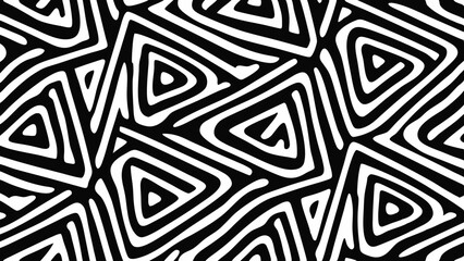 Abstract black and white seamless pattern featuring distorted triangles and curved lines throughout the image