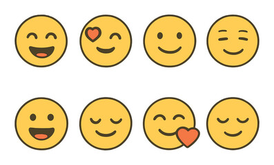Joyful expressions icons set – outline, emotive and simple face symbols