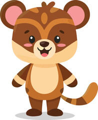 Cartoon Brown Bear Cub with Pink Ears and Striped Tail Standing Upright.