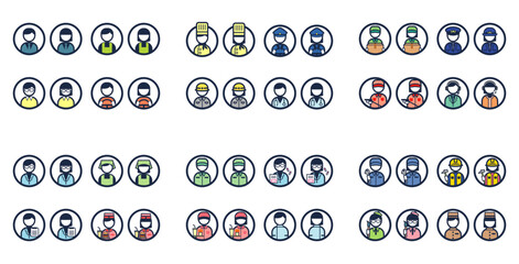 働く人職業のシンプルな丸いカラーイラストアイコンセット(医者/配達/ガソリンスタンド/エプロン/運転手/警察官/オペレーター/薬剤師/ハンバーガーショップ店員/看護師/職人/作業員/画家/ホテルスタッフ、などその他）