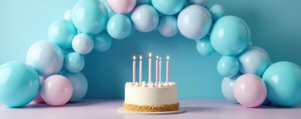 Pastel blue balloons arch, birthday cake with candles, celebratory scene, backdrop, party background