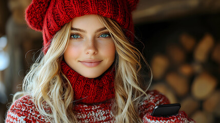 Woman in Winter Clothing Holding Phone Smiling with Warm Firewood